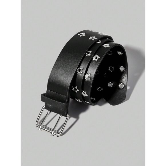 Women's Double Grommet Pu Leather Belt Punk Buckle Waist Belts Black 80🐭 - Picture 5 of 7